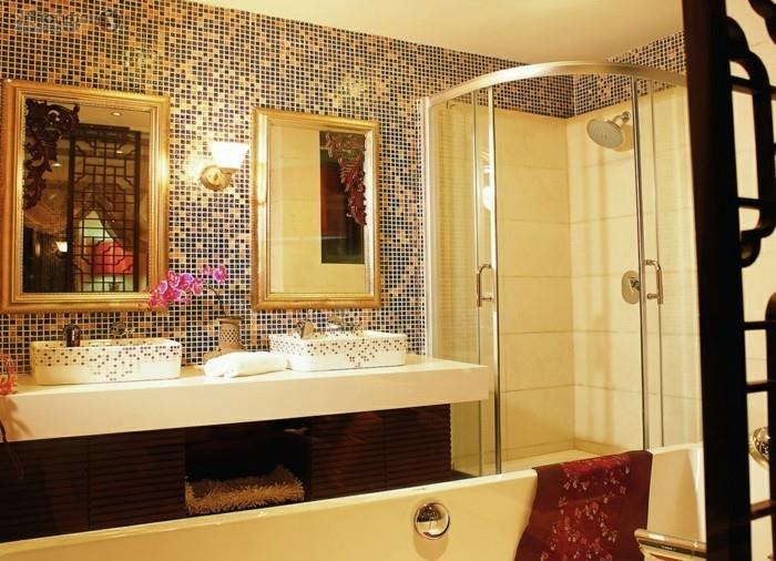 banyo-deco-fikri-mozaik-çift lavabo-duş-kabinli