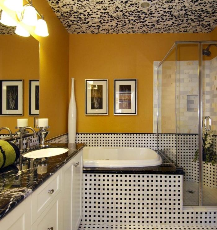 puiki geltona vonios kambario spalvos pasiūlymo idėja įdomi plytelių klojimo idėja originali vonios kambario lubų tapyba stiklo dušo kabina