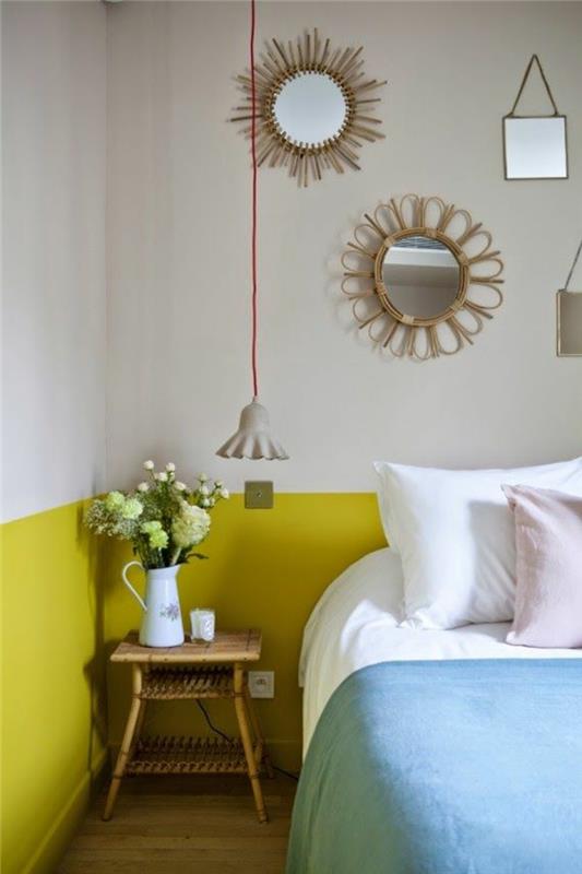 3-duvar-dekorasyon-fikri-yatak odası-dekorasyon-yarım duvar-sarı-beyaz