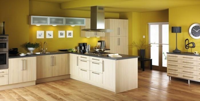 pastel-sarı-mutfak-duvar rengi-ahşap-mutfak-mobilya-zen-atmosferi