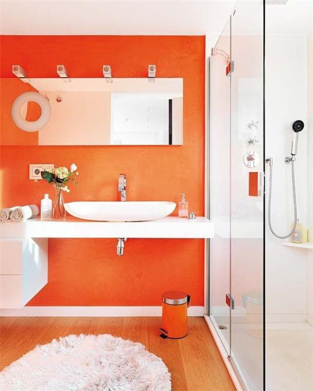 oranžinė-vonios kambarys-spalva-idėja-dušo kabina-kriauklė-stovėti-baltas kilimas