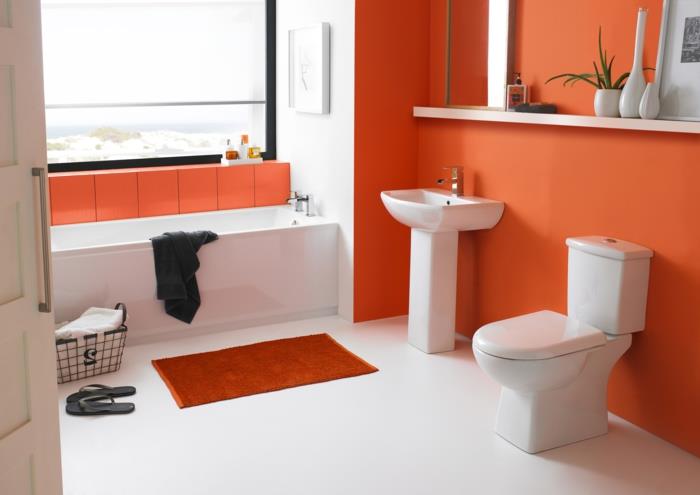 gana-pasiūlymas-dažai-oranžinė-vonios kambarys-kolonėlė-kriauklė-balta-įmontuota vonia-baltos grindys