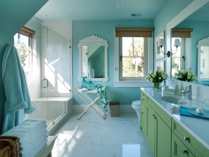 gražus pasiūlymas-mėlynas-vonios kambarys-dušo kabina-didelis veidrodis-dvigubai pastatytas baseine-rami atmosfera, palanki poilsiui