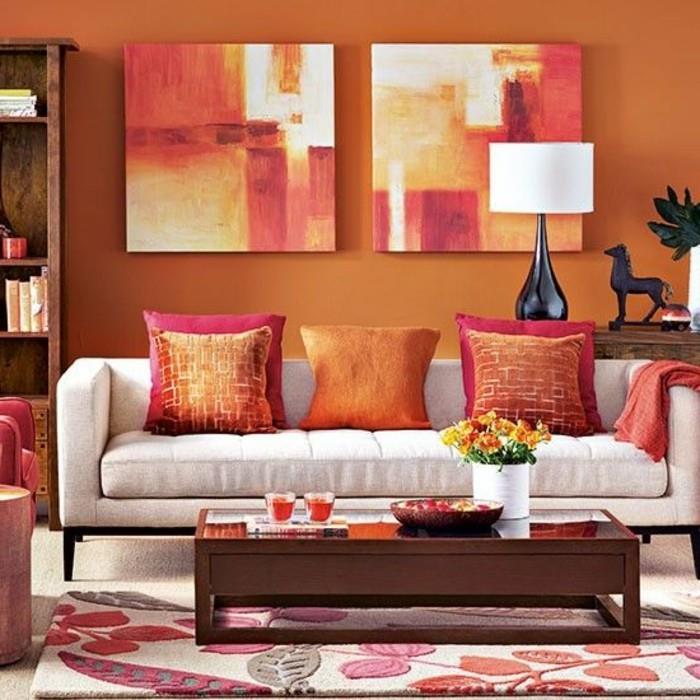 oturma odanız için-seçeceğiniz-renk-fikir-resim-oturma odası-turuncu-küçük-ahşap-masa-eğlenceli-atmosfer