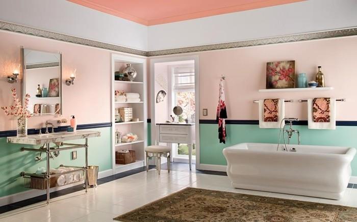 rožinė-vonios-spalvos-praustuvė-konsolė-baltas tualetinis staliukas-balta-laisvai stovinti vonia-gražūs dekoratyviniai objektai