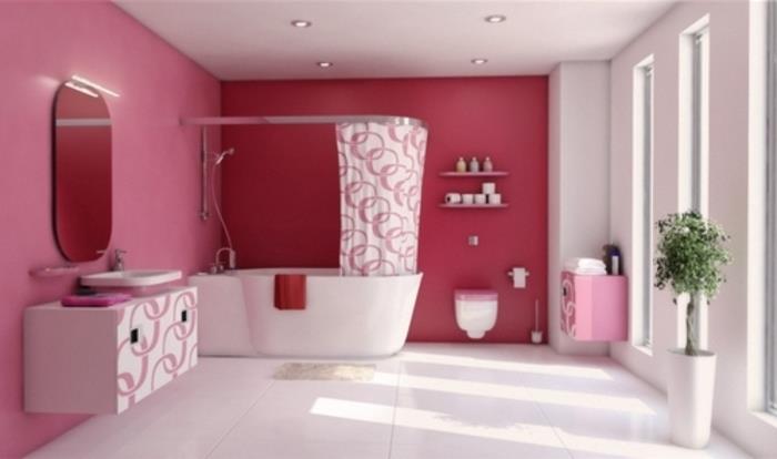glamūrinis-rožinis-vonios kambarys-idėja-laisvai stovinti-vonia-dekoras-su vintažiniu skoniu