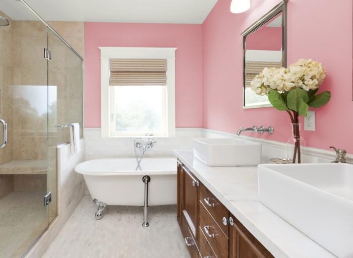 puiki idėja-rožinis-vonios kambarys-laisvai stovinti vonia ir dvigubas stalviršio baseino žavesio rafinuotas stilius