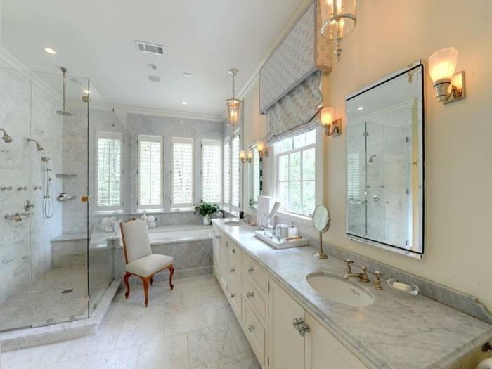 moteriškas vonios kambario modelis-vonios kambarys Carrara-marmurinis-baltas dekoras-dušo kabina, įmontuota vonioje-gražus tualetinis staliukas