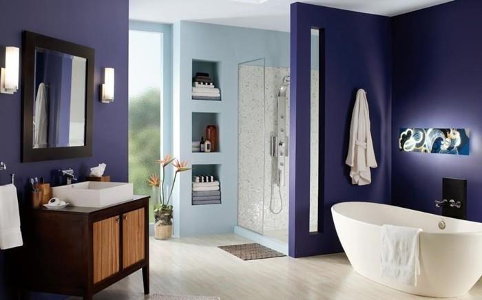 unikalus pasiūlymas-violetinė-vonios kambarys-dažai-dušo kabina-kriauklė ir-laisvai stovintis vonia-saugykla