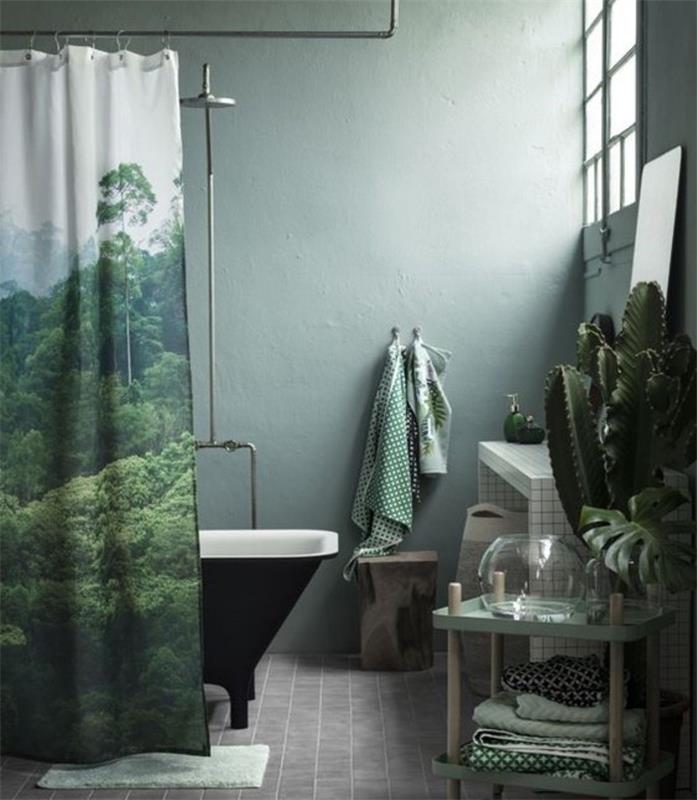 puiki idėja-žalia-vonios kambarys-spalva-laisvai stovinti vonia-dušas-užuolaida-vintažinė atmosfera