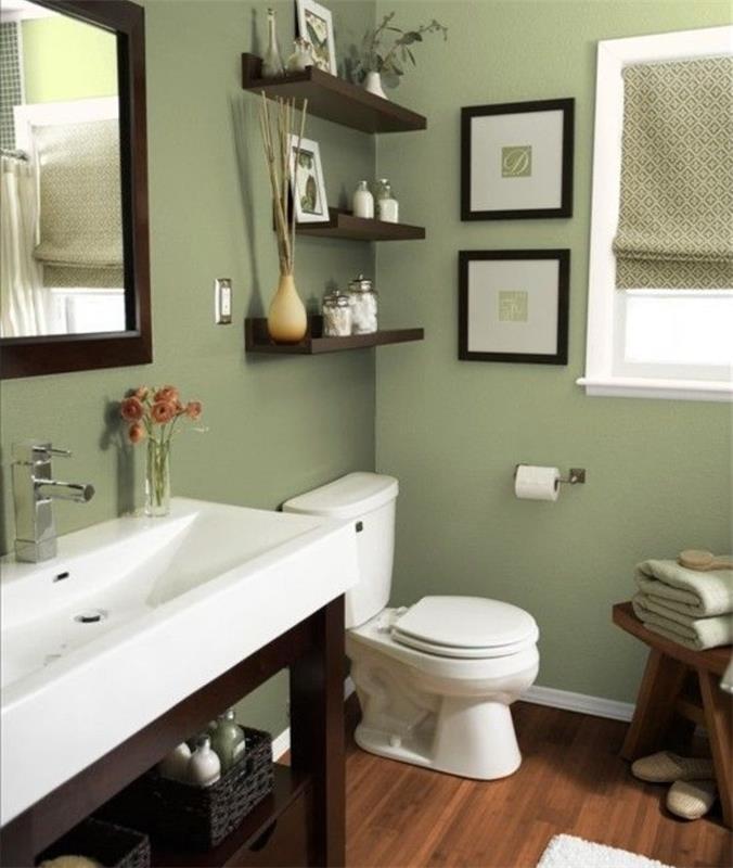 idėja-spalva-vonios kambarys-žalia-WC-kriauklė-balta-lentyna-natūrali-taiki atmosfera