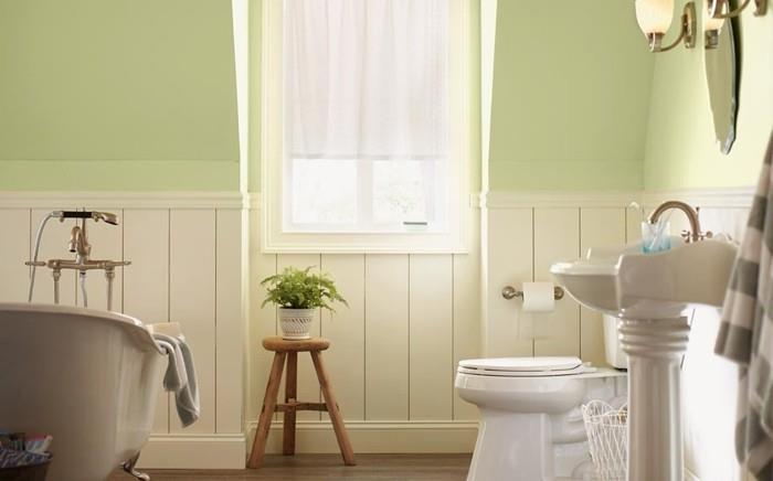 vonios kambarys-dažai-šviesiai žalia-natūrali atmosfera-balta-vonia-prie stovo-WC-ir-kolonėlė-kriauklė