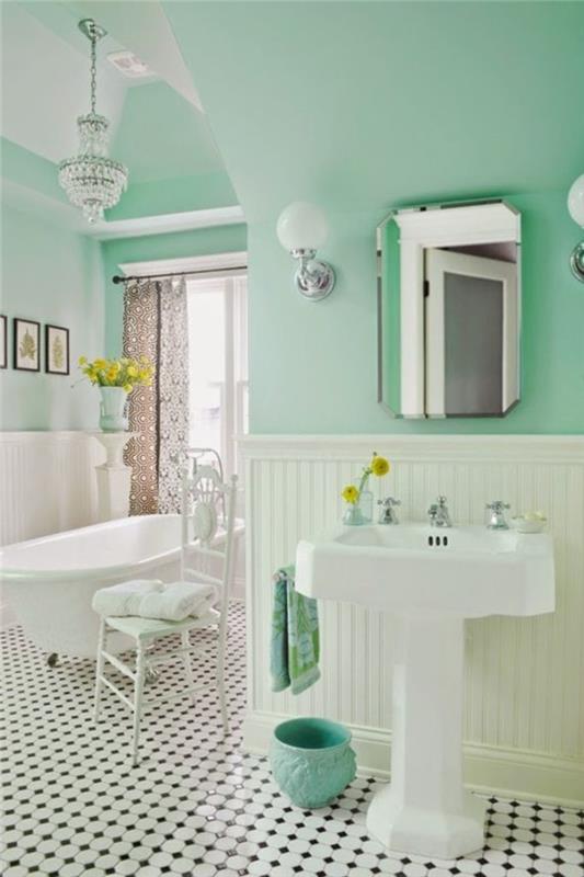 Pasiūlymas-vonios kambarys-žalia-žalia-labai elegantiškas-pjedestalo praustuvas-laisvai stovintis plytelių vonia-juoda-balta-balta kėdė