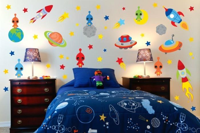 berniuko miegamojo dekoras, įkvėptas kosmoso ir visatos temos, labai originalios dekoro idėjos