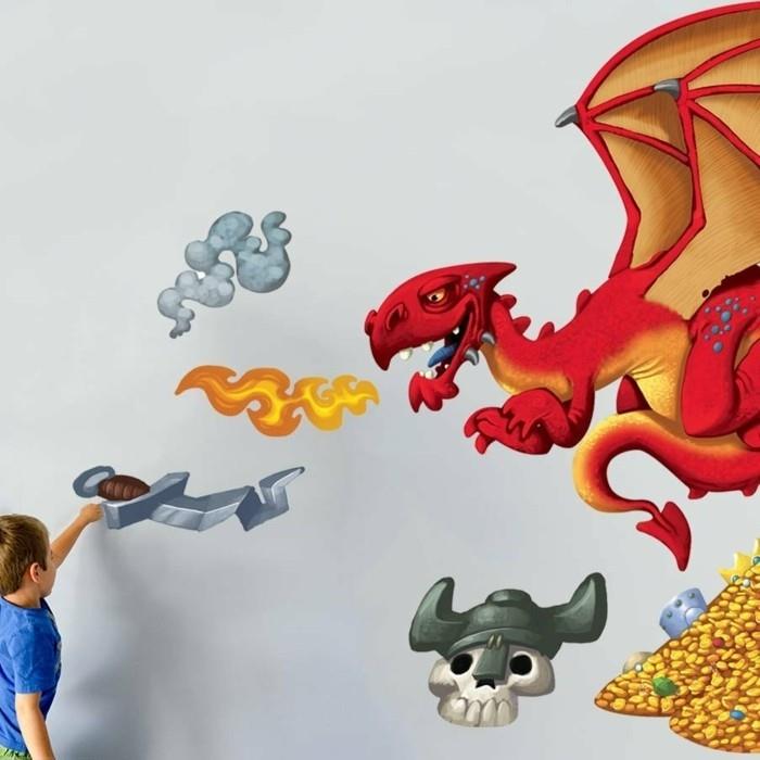 nuostabus dekoravimo pasiūlymas-berniuko kambarys su sieniniais lipdukais, įkvėptas drakonų temos ir paslėptų lobių
