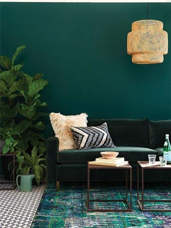 yeşil duvarlı oturma odası-zümrüt yeşili-huzurlu-atmosfer