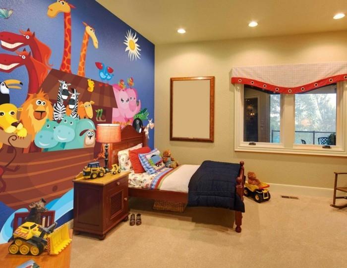 geltonas vaikų kambario paveikslas-su-mėlyna-akcentu-siena-su-gana-gyvūnų piešimo-žaisminga atmosfera