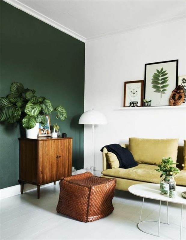 yeşil-beyaz-çiçek-deko-sarı-kanepe-ve-sevimli-beyaz-sehpa-doğal-duvar-in-duvar-of-fikir-boyama-oturma odası