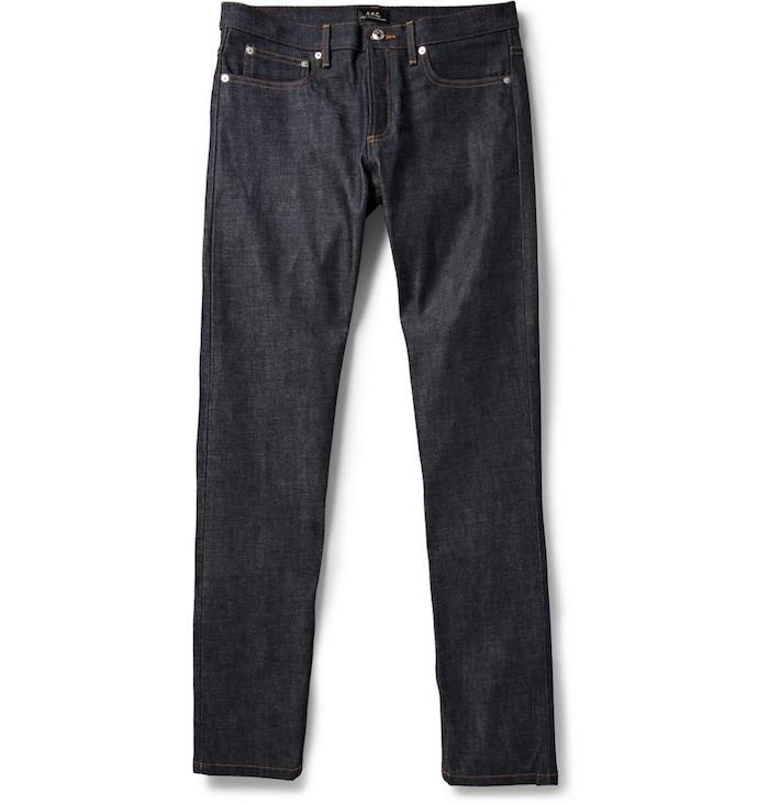 „Petit New Standard A P C“ neapdoroti mėlyni džinsai, prigludę prie vyriškos prekės ženklo, vyriškos išvaizdos