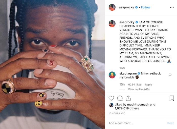 po obsodbi je na instagramu spregovoril A $ AP Rocky in dejal, da je razočaran nad sodbo