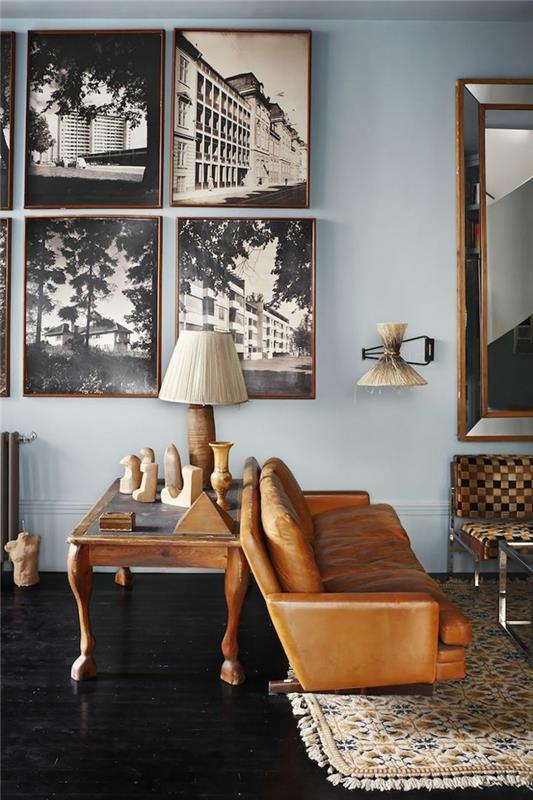 Apartma-lux-style-barve-karamel-svetlo modra-les-stena-miza-dnevna soba-kavč-preproga