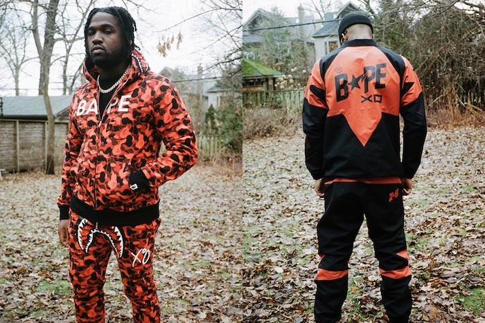 Naujoje „BAPE x The Weeknd“ kapsulėje yra oranžinio kamufliažo „A Clothing Ape“ ryklio sportinis kostiumas