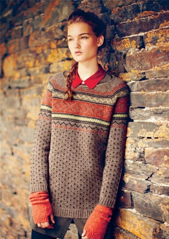 Šaunus žakardinis megztinis-norvegų moteris-graži apranga-in-trend