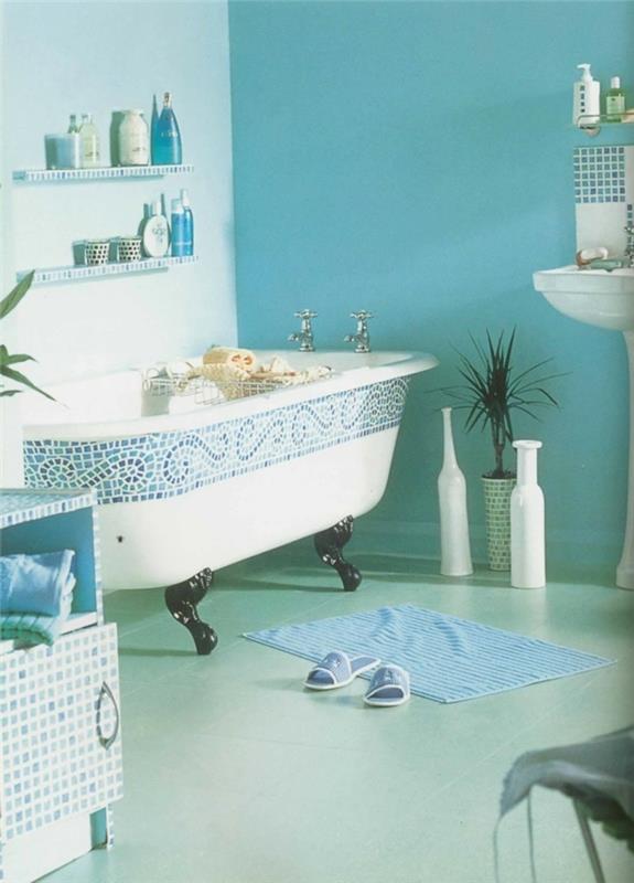 Spalvų dekoravimas-tamsiai-aigua-vonios kambarys-vonios-vamzdelis