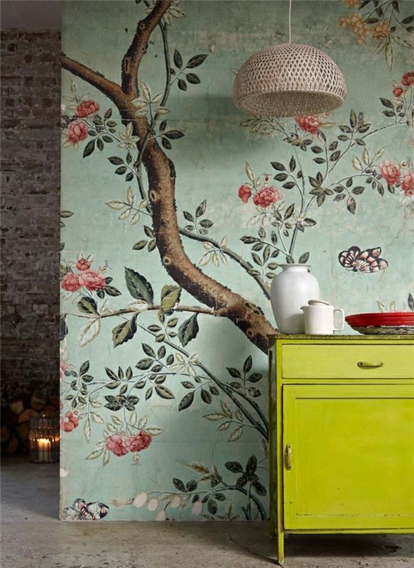 Duvar-dekorasyon-duvar kağıdı-tasarımcı-lonca-ağaç-sehpa-yeşil