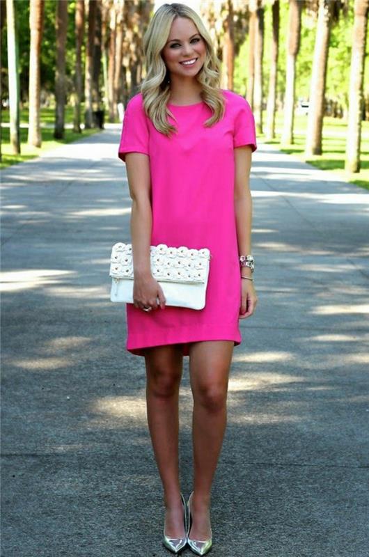 Ravno tekoče obleke-dnevna obleka-elegantna-ženska-obleka-kratka-električna-roza-obleka
