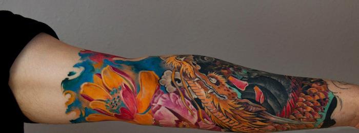 Japonų drakono tatuiruotės rankovių spalvos