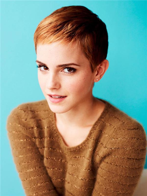 Kadınlar için kısa saç kesimi, peri saç modeli fikri, çocuksu, Emma Watson, kızıl saç