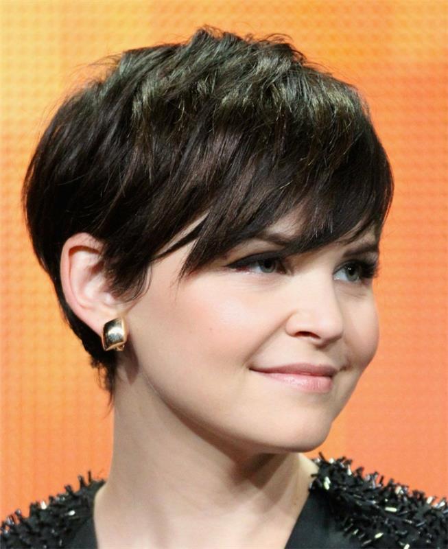 ginnifer goodwin, kratek okrogel obraz, asimetrične šiške, ideja za spremembo pričeske glede na obliko obraza