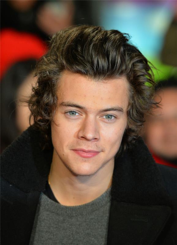 Piega capelli mossi del cantante Harry Styles vestito con una giacca ve maglione pesante