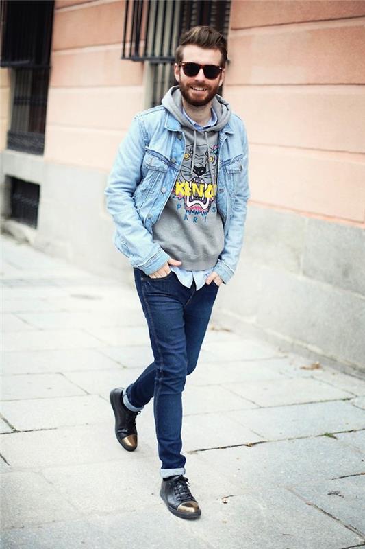 hipster-style-men-man-kavbojke-slim-mods-vintage-jean-jakna-frizura-moški-kratka-na-straneh-dolga-top-urejanje-brada