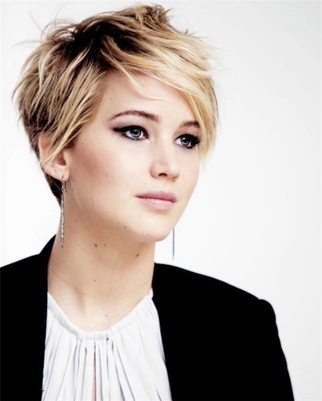 Jennifer Lawrence, kısa kadın kesim fikri, geniş saç, asimetrik patlama, şık kadın kıyafeti, peri