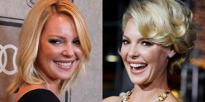 Katherine Heigl, pusiau ilgos moters šukuosena, lygus kvadratas ir šiek tiek banguoti kvadratai, šviesūs plaukai