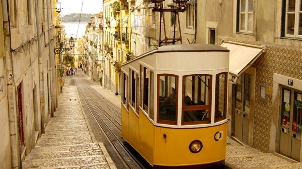 Lizbon-eski-sokak-harita-ile-the-amblematic-tramvay