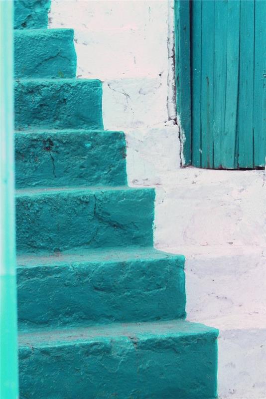 „Nuo durų iki įėjimo“ akvamarino spalvos laiptai-Graikija-baltas ir mėlynas namas