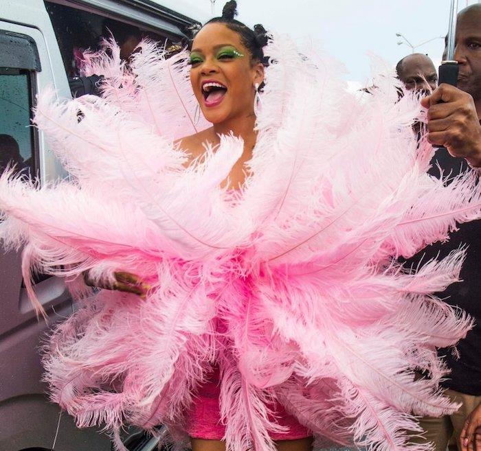Rihanna'nın Rio de Janeiro'daki karnaval için kostümü, tüylü pembe elbisesi Rihanna karnaval kostümü, en orijinal karnaval kostümü