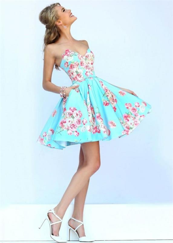 Elegantna obleka-maturantska obleka-modra-kratka-cvetlična obleka