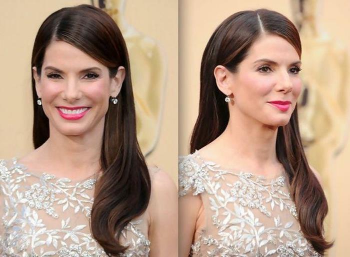 nuostabi šampano spalvos suknelė, Sandra Bullock, labai graži retro stiliaus šukuosena