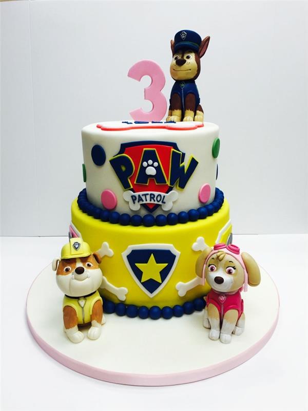 rumeno -bela paw patrol torta, 3 -letna torta za rojstni dan, taw patrol podrobna slika, logotip in pike