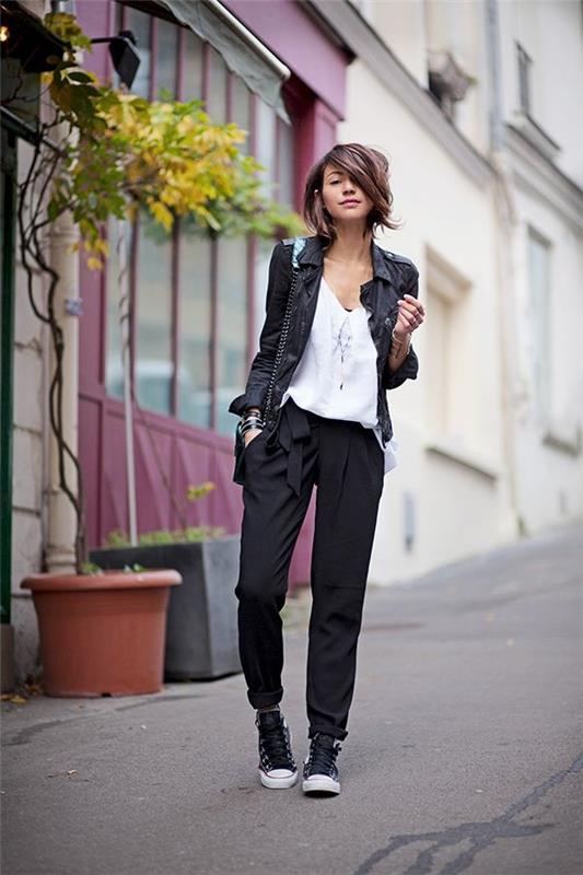 Usnjena jakna-elegantna-oblačila-belo-črno-videz
