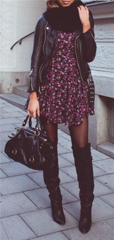 Usnjena jakna-elegantna-oblačila-cvet-obleka-torbica