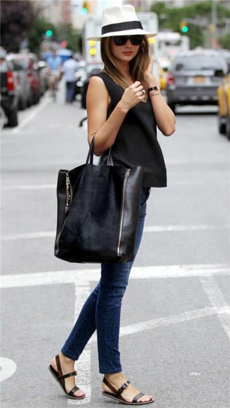 abbigcemento-casual-chic-donna-jeans-regular-top-nero-senza-maniche-fluido-sandali-borsa-nera-velluto-pelle-cappello-bianco