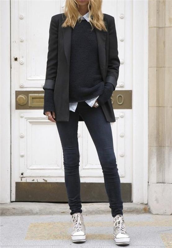 abbigcemento-casual-chic-ragazza-jeans-scuri-slim-maglione-nero-blazer-elegante-camicia-colletto