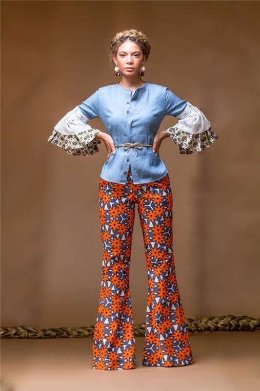Moda femminile con un pantalone palazzo, camicia in jeans manica peplum
