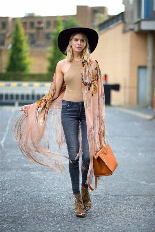 abbigliamento-donna-stile-bohem görünümlü-autunoo-kot-scarpe-tacchi-borsa-cappello-top-scirpa-fringe