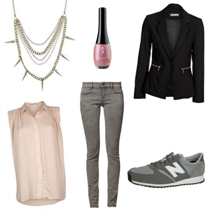abbinamento-vestiti-scarpe-da-ginnastica-new-balance-blazer-nero-smalto-collana-camicetta-color-rosa-jeans-slim-grigi